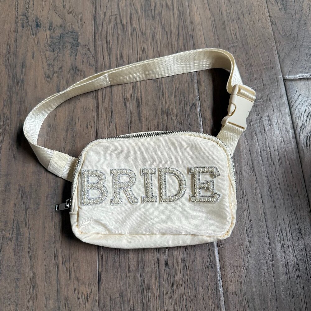 White Bride Fanny Pack with Rhinestone Pearl Lettering
